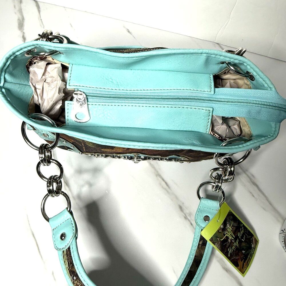 Heritage West Blue Green Camouflage Rhinestone Cross Western Double Strap Purse - Picture 13 of 13